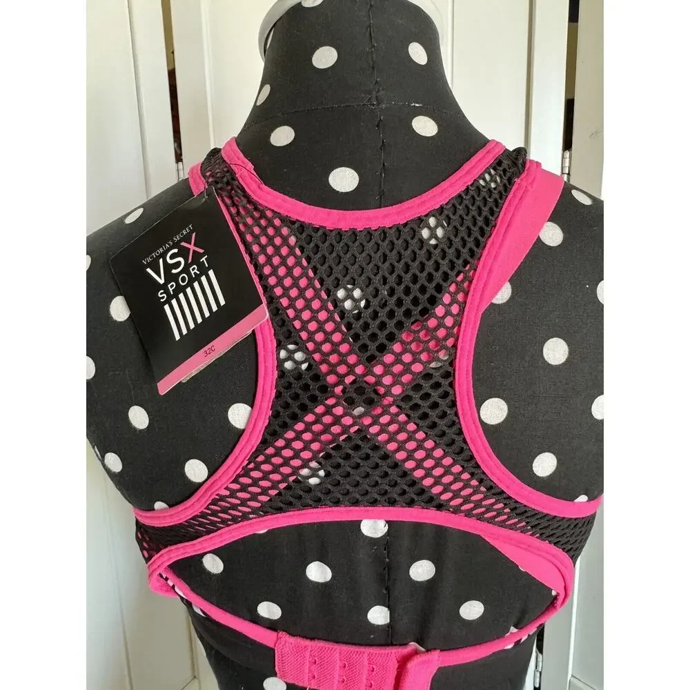 Victorias Secret VSX Mesh Sports Bra 32C Crisscross‎ Straps Black White Hot Pink